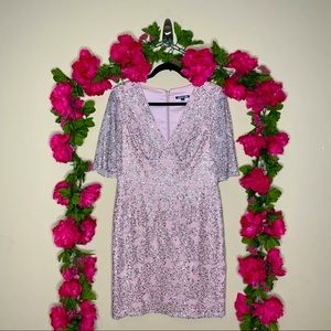 Gianni Bini Pink & Silver Sequin Sheer Flutter Sleeve Cocktail Dress Sz 8